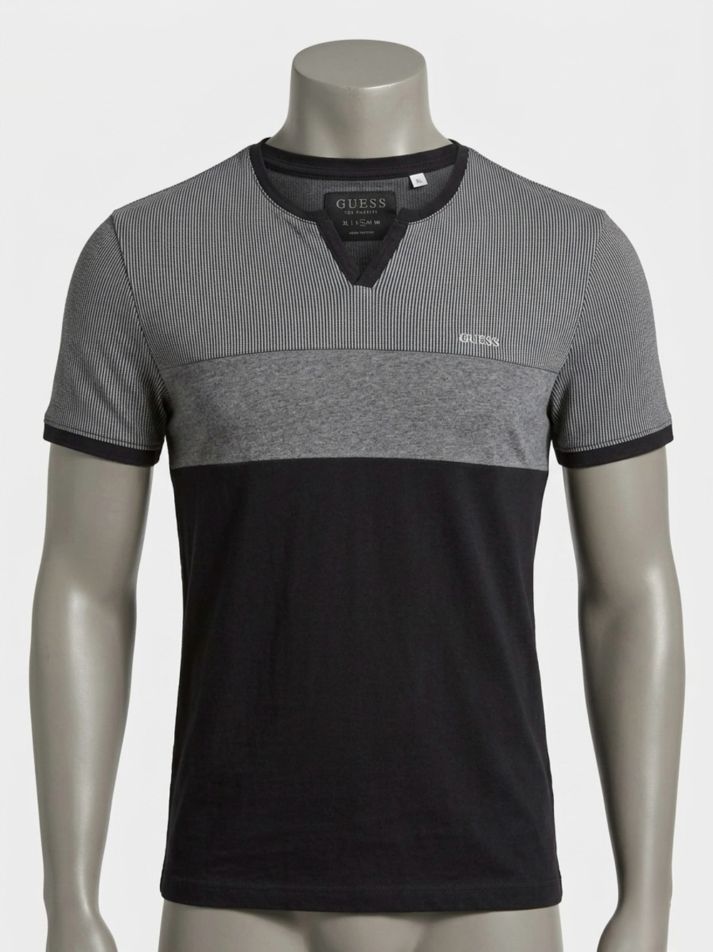 GUESS Men's Black and Gray Short Sleeve Colorblocked Crew Tee